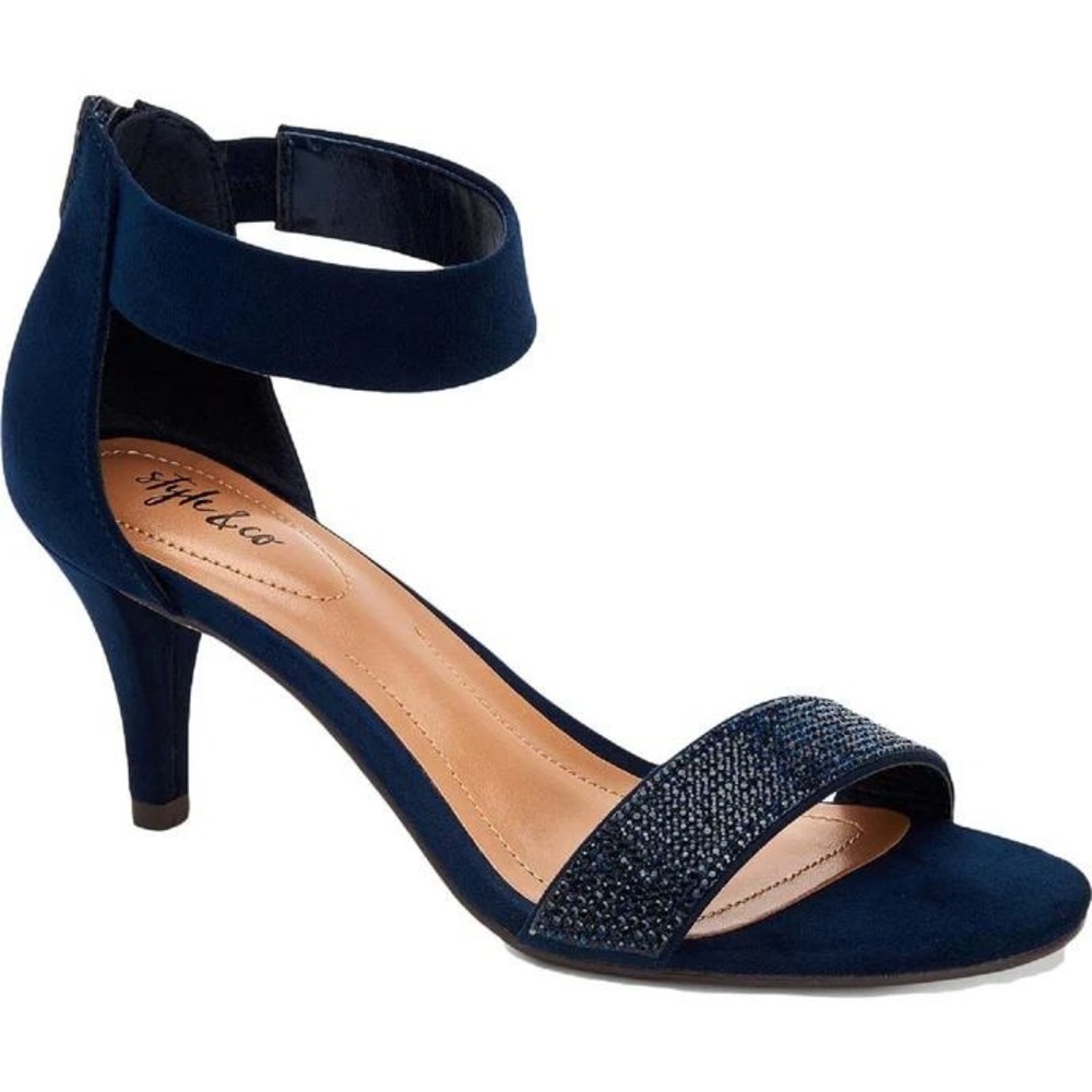 WStyle & Co Ankle Strap Navy‎ Phillys Padded Insole Embellished Heels 7W /#S8217